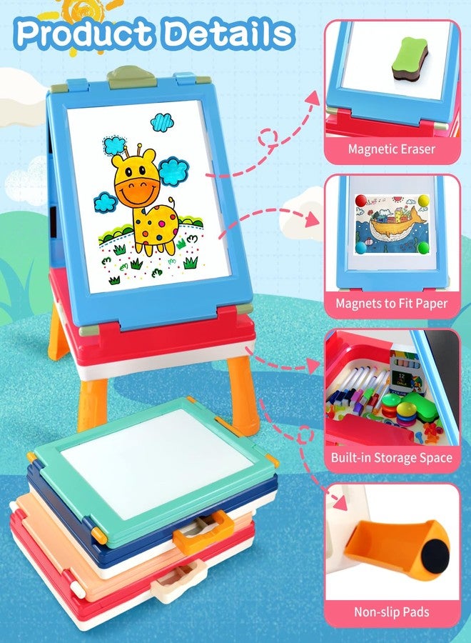 Elovien Easel for Kids, 4 in 1 Double Sided Toddler Art Easel with Chalkboard & Magnetic Whiteboard, Foldable Kids Tabletop Easel with Drawing & Writing Accessories - Gift for Boys and Girls (Blue) - Image 3